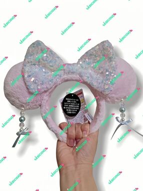 TOKYO DISNEY PINK PLUSH PEARL IRIDESCENT BOW MINNIE HEADBAND EARS